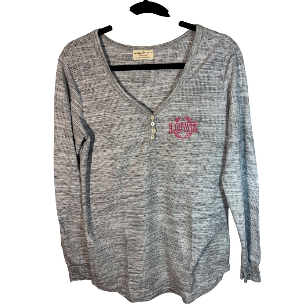 Bobbie Brooks Sleepwear Womens 1X Grey Waffle Knit Henley Love Top Long Slv